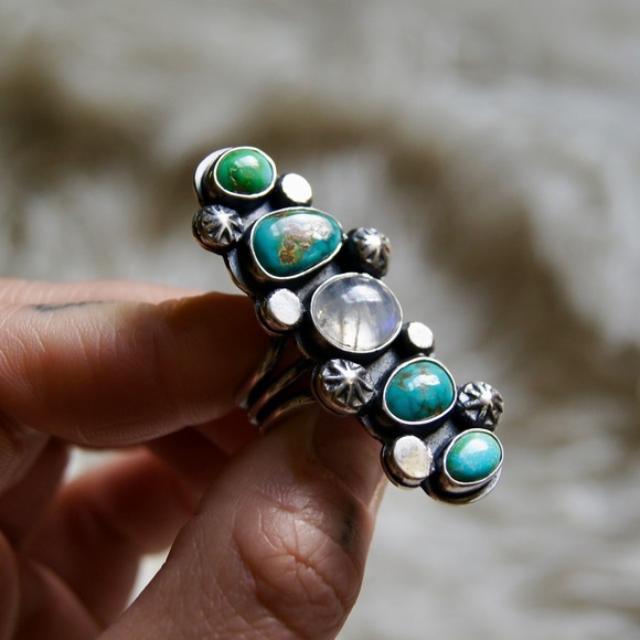 Handmade Turquoise & Moonstone Statement Ring | Size 6.5 (.925 Sterling Silver) - Picture 4 of 5